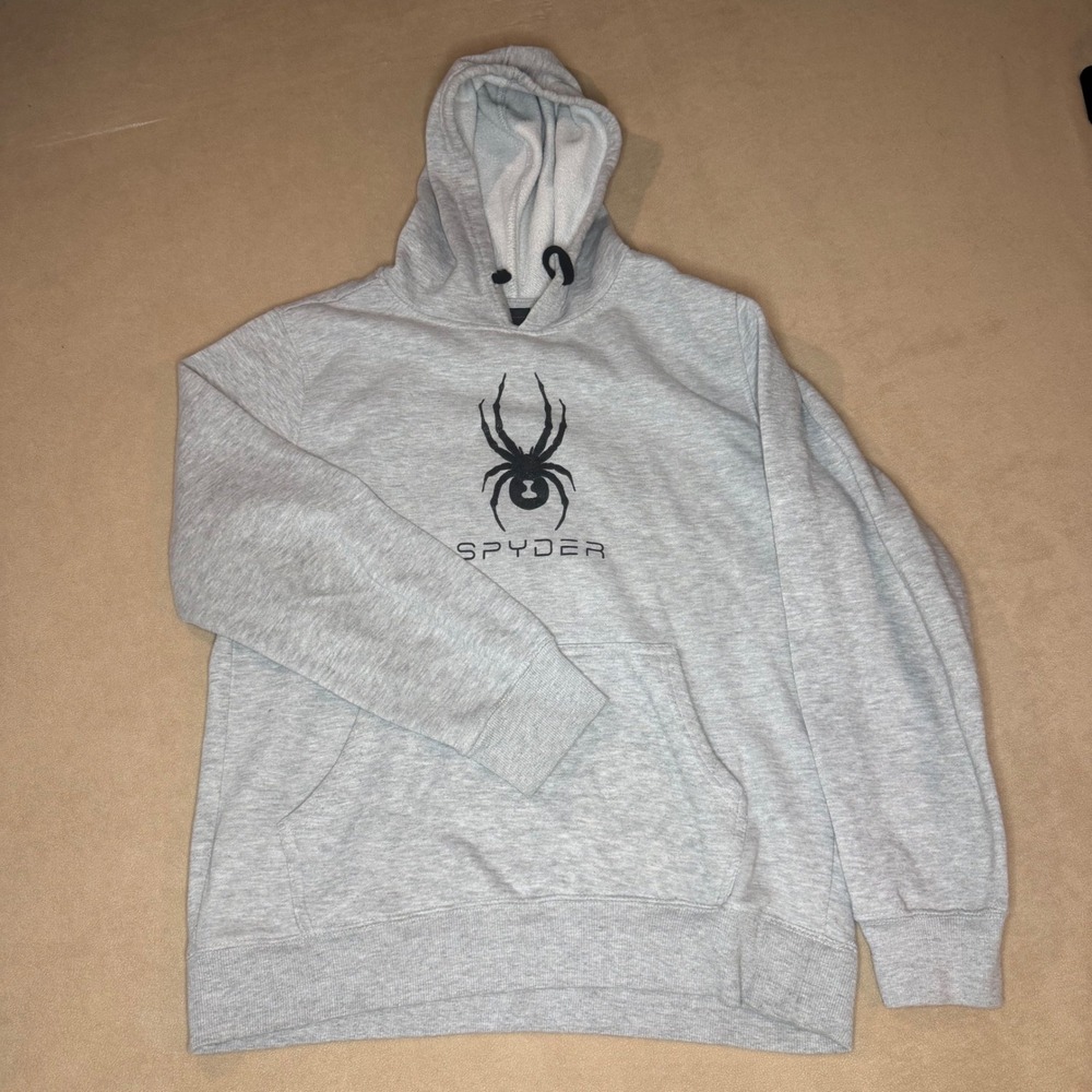 Spyder Mens Heather Gray Fleece Pullover Hoodie Logo Sweatshirt Large